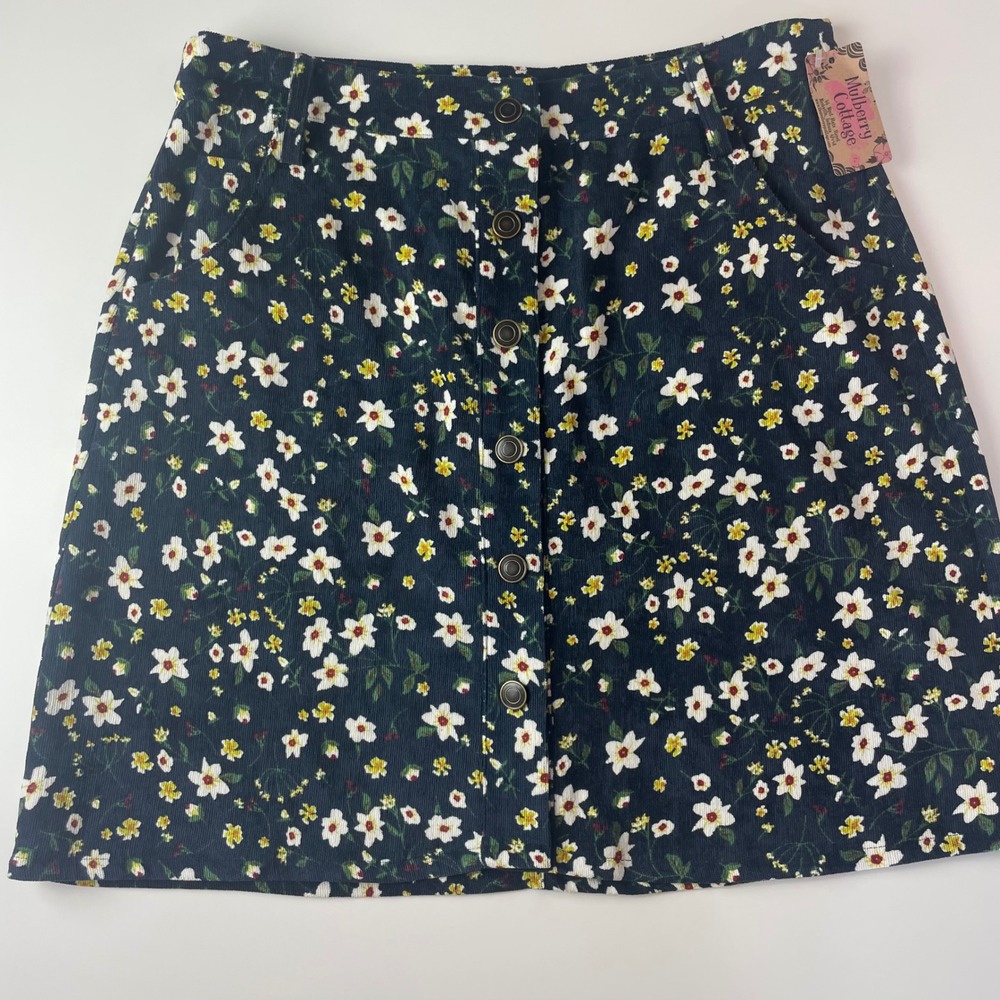 Kori America‎ Courtney Corduroy Skirt Blue Floral Button Front Mini Large B5964
